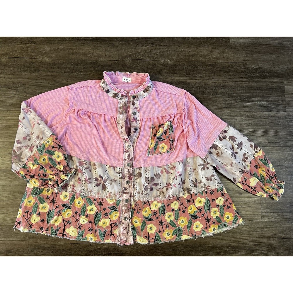 POL Bohemian Pink Floral Patchwork Tunic Top Cottagecore Cotton Boho Flowy C13